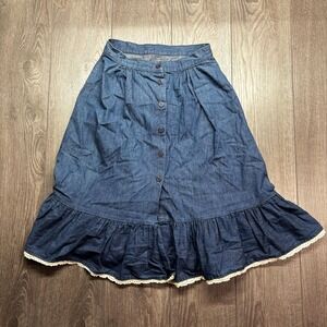 Vintage Denim Midi Skirt 1980s 27 x 27 Cute Pixie Summer Lace